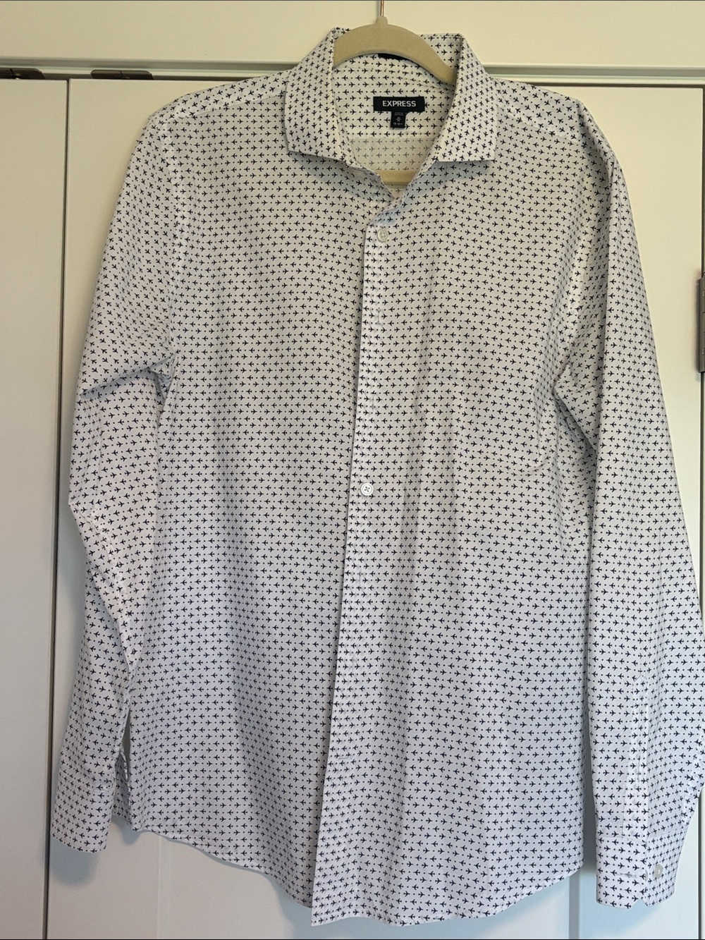 Express Men's White Button-Up Shirt Jacket with Black Star Pattern